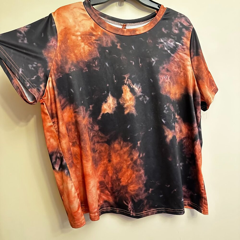 SHEIN Curve 0XL Black Orange Tie Dye Open Back Tee Top - Picture 4 of 6
